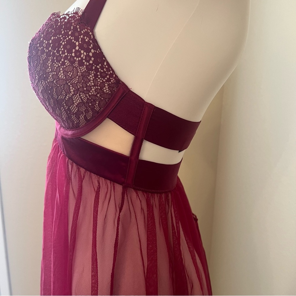 Victoria’s Secret burgundy eyelash lace negligee babydoll slip dress size 32D - Picture 4 of 7